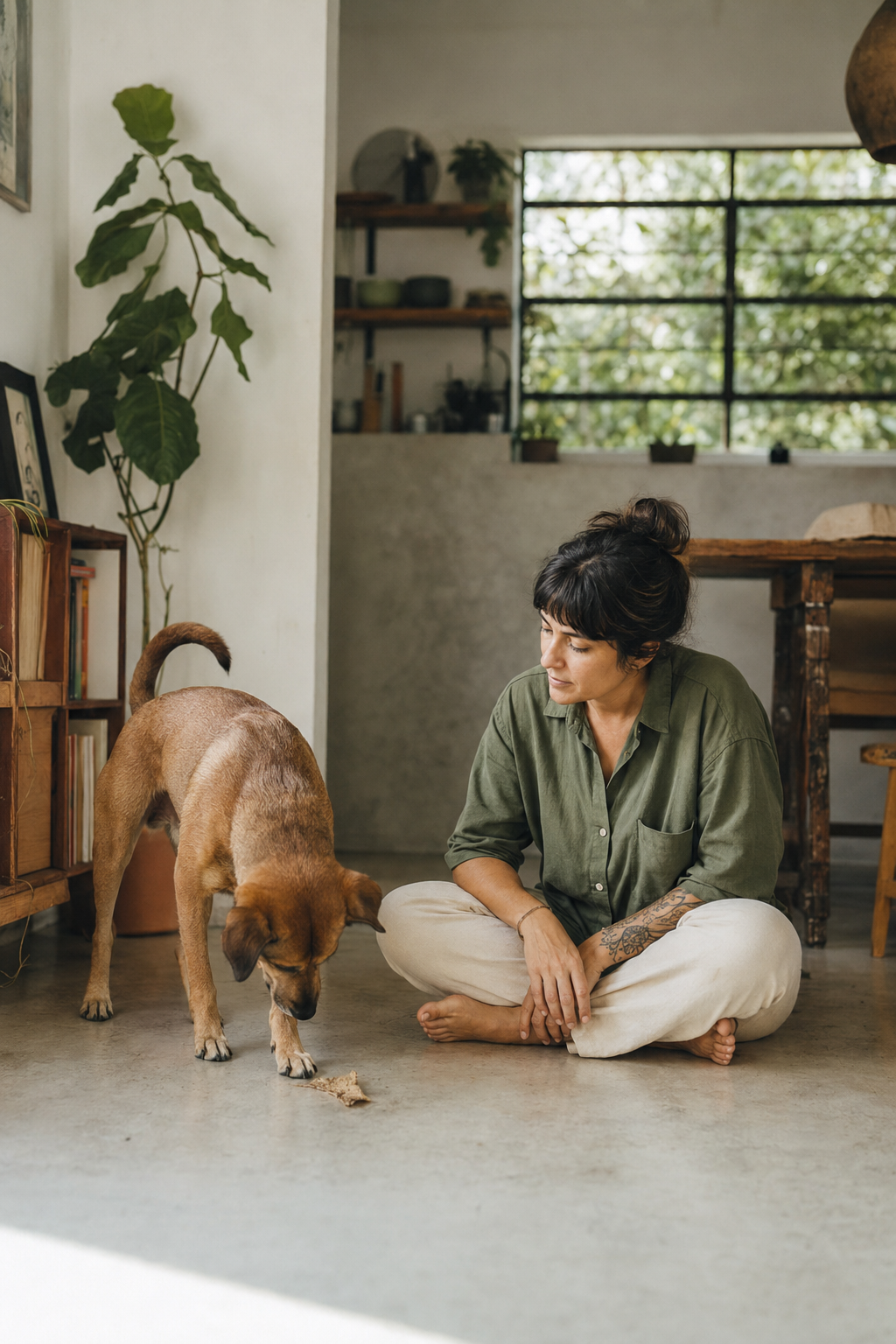 Pessoa observando atentamente um cão